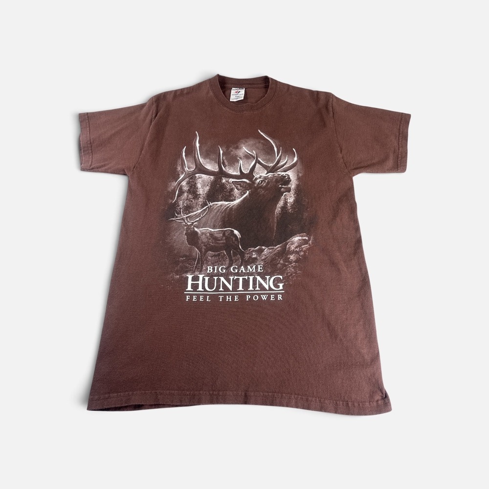 Fruit of the Loom Big Game Hunting Elk Deer Graphic T-Shirt Brown Mens XL